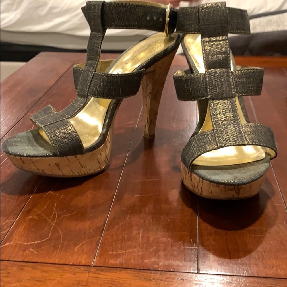 Chinese laundry denim and gold strapped heels